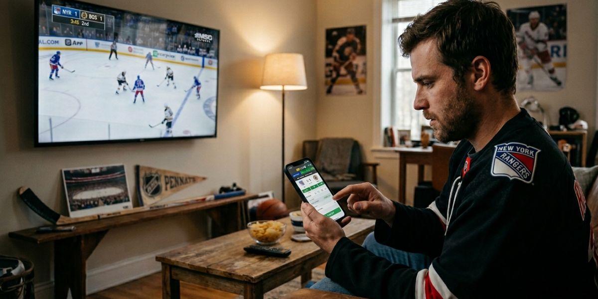 Homme qui parie et regarde la NHL en streaming avec son application de paris sportifs - Le Bon Parieur